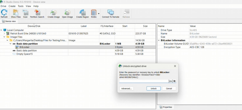 R-Studio identifie facilement les partitions BitLocker