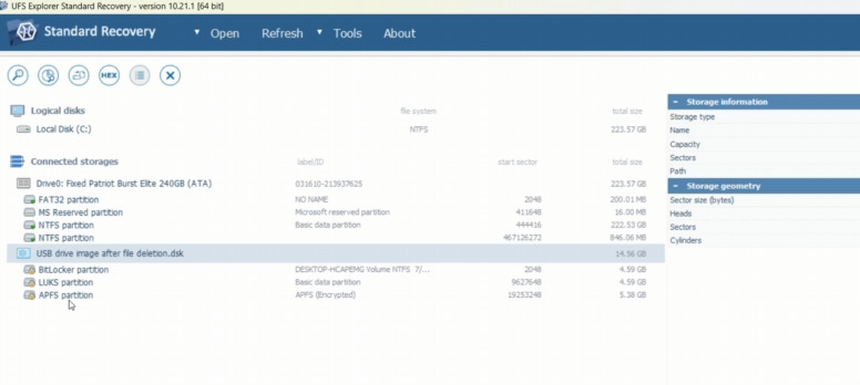 UFS Explorer fonctionne avec des supports chiffrés