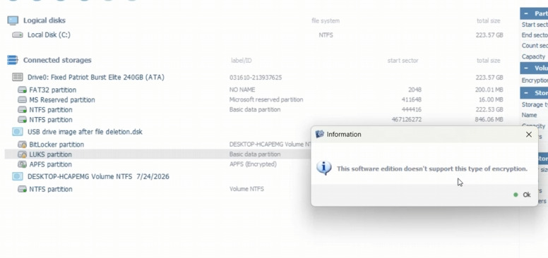 UFS Explorer : le type de chiffrement LUKS n’est pas pris en charge