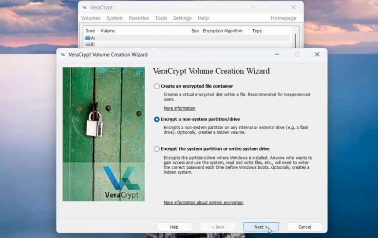 VeraCrypt-Assistent zum Erstellen eines Volumes