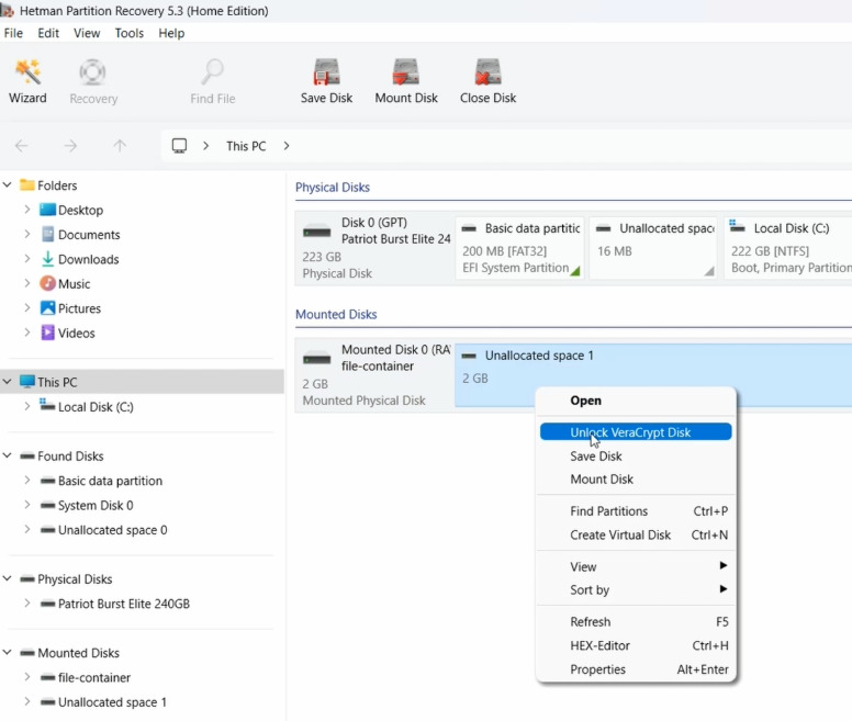 Hetman Partition Recovery: VeraCrypt entsperren