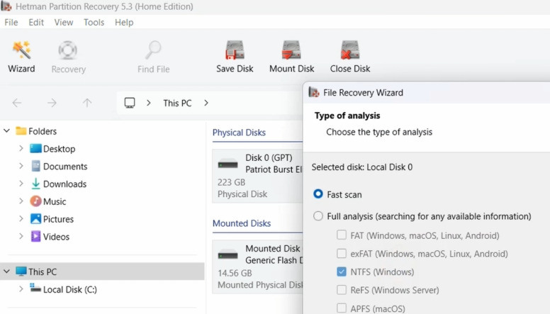 Hetman Partition Recovery: Das VeraCrypt-Volume als separates logisches Laufwerk scannen