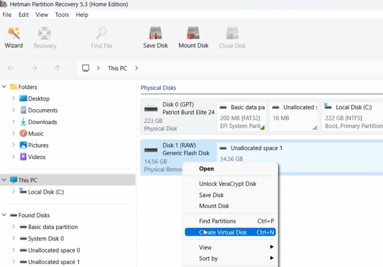 Hetman Partition Recovery: Virtuelle Festplatte erstellen