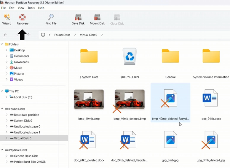 Hetman Partition Recovery: Gefundene Ordner, vorhandene Dateien und gelöschte Daten auf dem Volume
