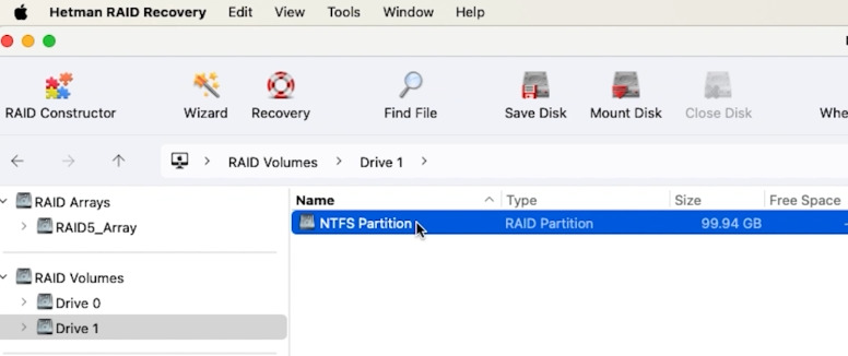 Hetman RAID Recovery: обнаруженный раздел NTFS