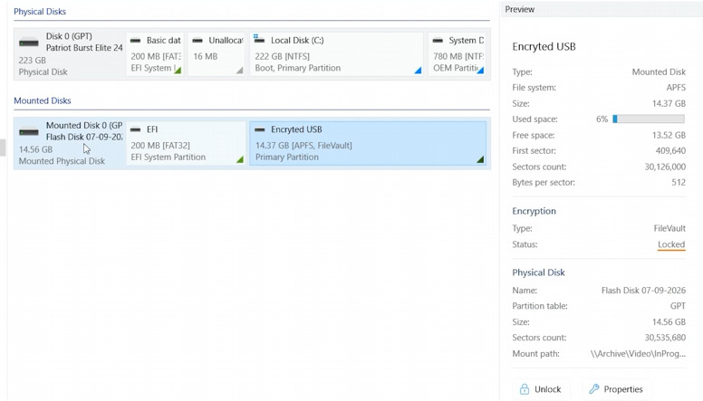 Hetman Partition Recovery: Status eines APFS-verschlüsselten USB-Datenträgers