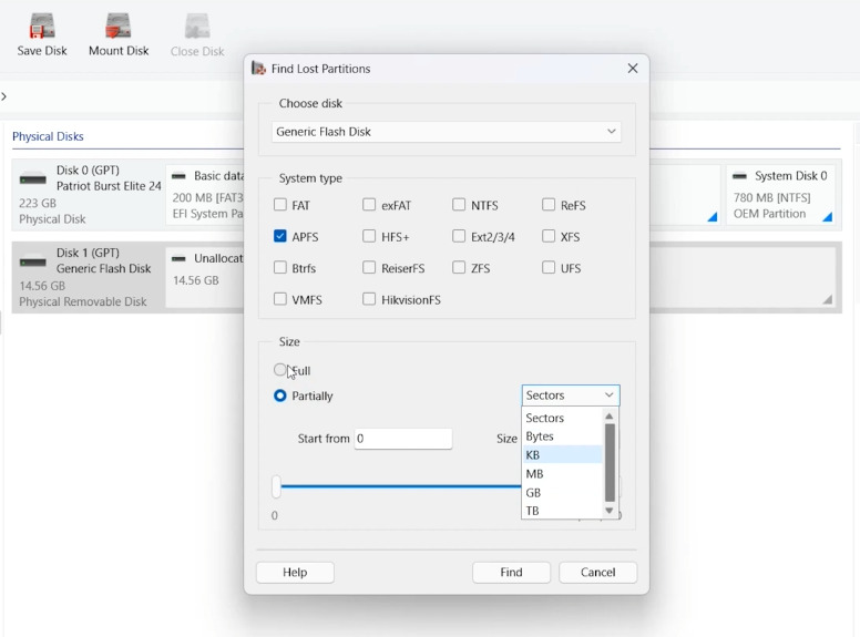 Hetman Partition Recovery: Suchbereich für Partitionen auf dem Datenträger