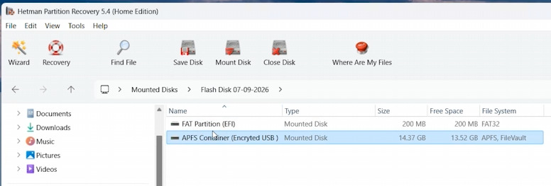 Hetman Partition Recovery: erkanntes APFS-verschlüsseltes Laufwerk