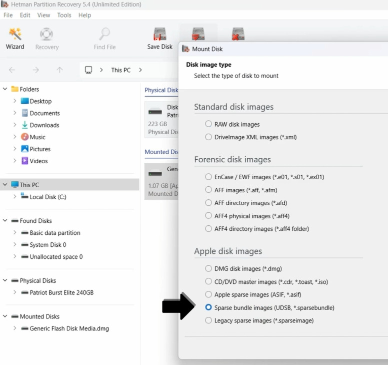 Hetman Partition Recovery : montage d’une image Sparse Bundle