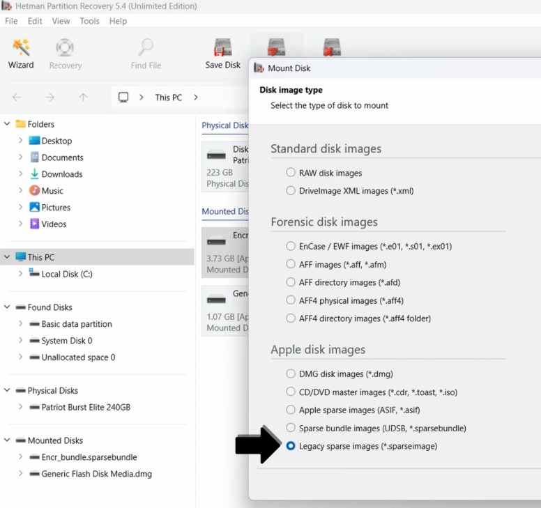 Hetman Partition Recovery : montage d’une image Sparse Image