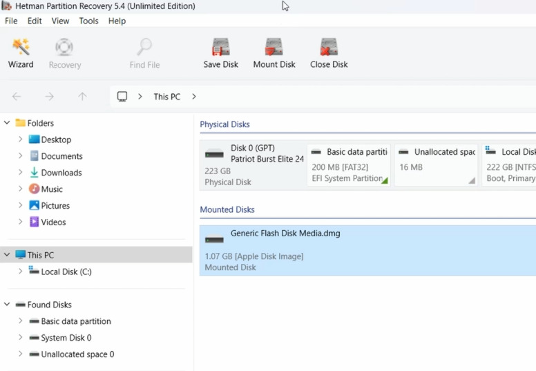 Hetman Partition Recovery : image DMG montée