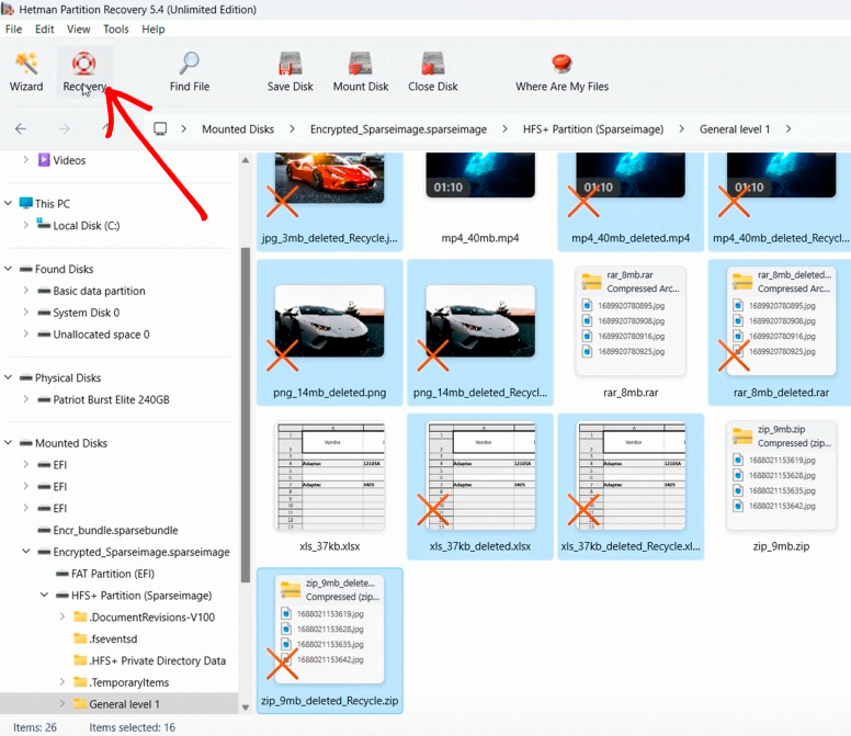 Hetman Partition Recovery : sélection des fichiers trouvés pour la récupération