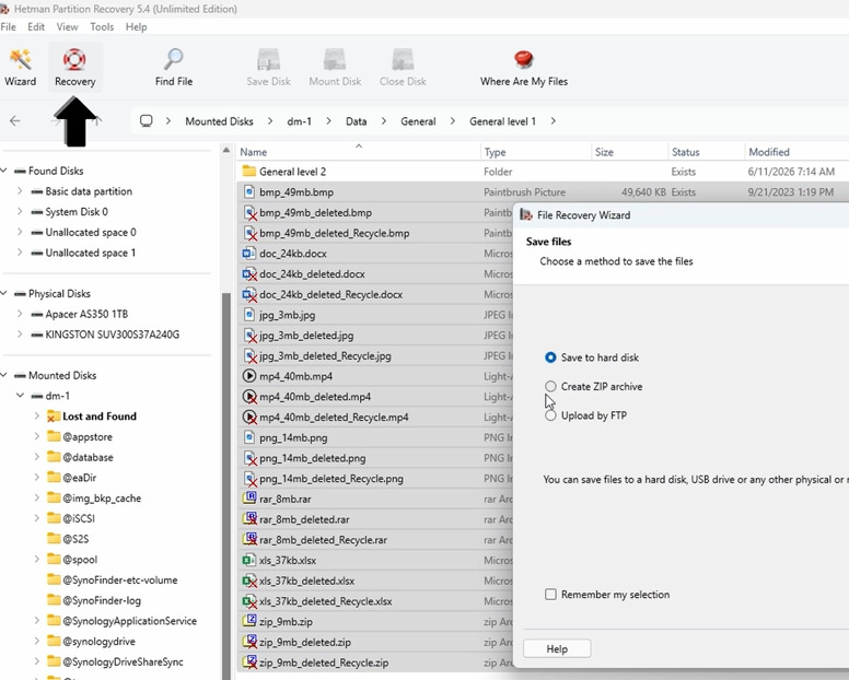 Hetman Partition Recovery : sélection des fichiers pour récupération Hetman Partition Recovery : sélection des fichiers pour récupération