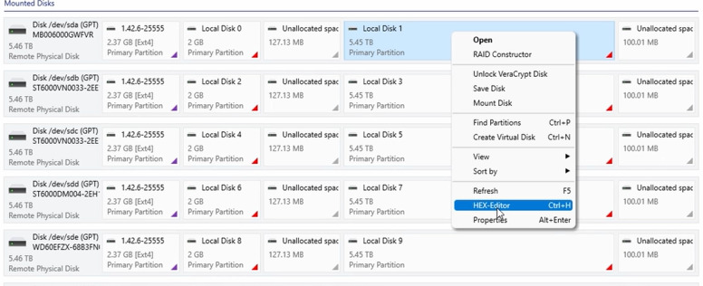 Hetman RAID Recovery : ouverture de l’HEX Editor pour la partition de données Hetman RAID Recovery : ouverture de l’HEX Editor pour la partition de données