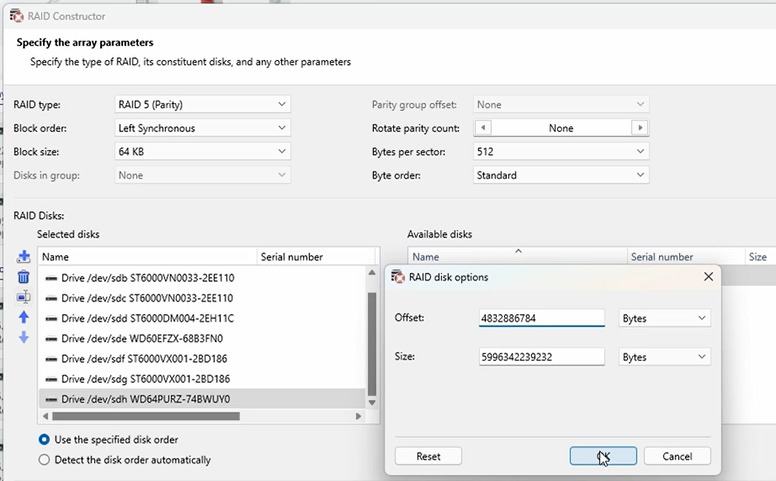 Hetman RAID Recovery : saisie de la valeur Offset pour les disques Hetman RAID Recovery : saisie de la valeur Offset pour les disques