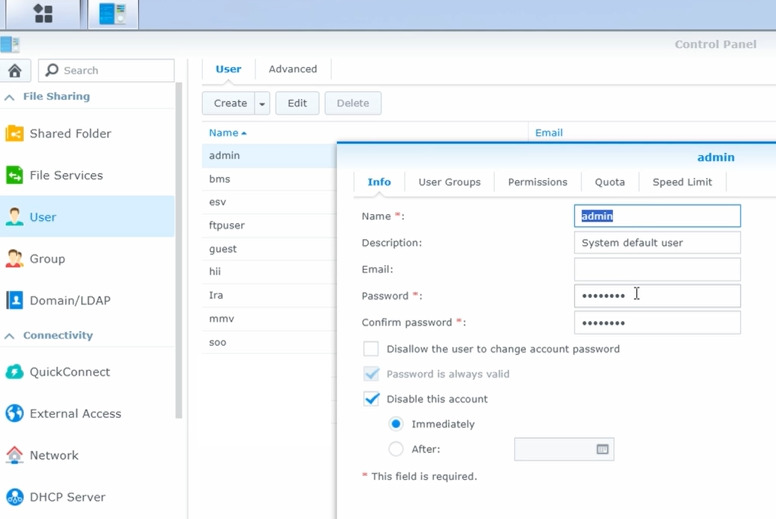 Interface web Synology : paramètres du compte admin Interface web Synology : paramètres du compte admin