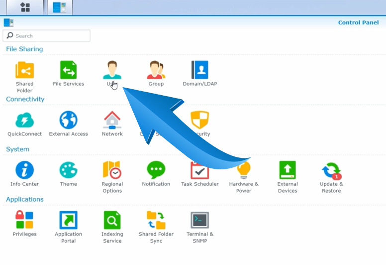 Interface web Synology : section User dans Control Panel Interface web Synology : section User dans Control Panel