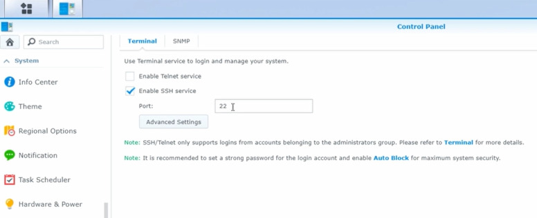 Interface web Synology : activation de Enable SSH service Interface web Synology : activation de Enable SSH service