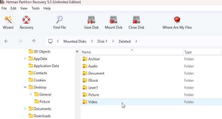 Hetman Partition Recovery: содержимое подключенного образа 3 ГБ
