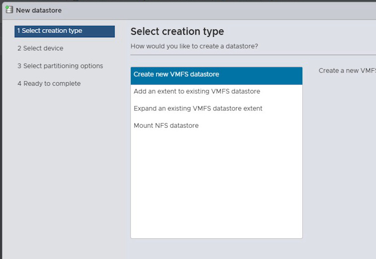 VMware ESXi: создание нового хранилища данных