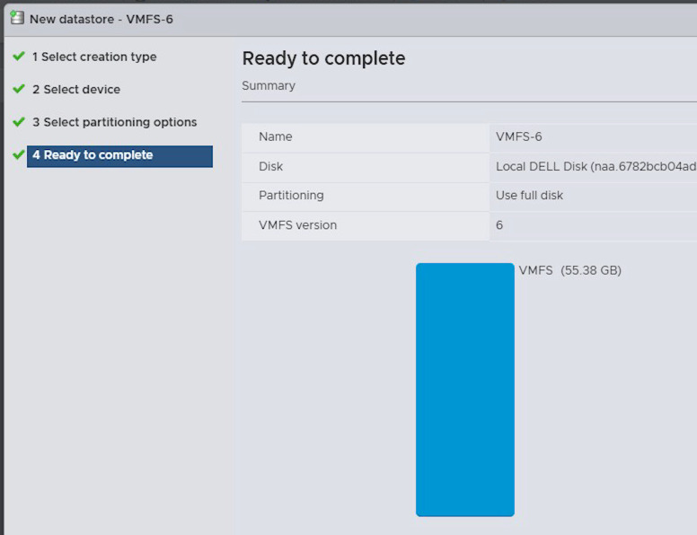 VMware ESXi: создание хранилища данных VMFS 6