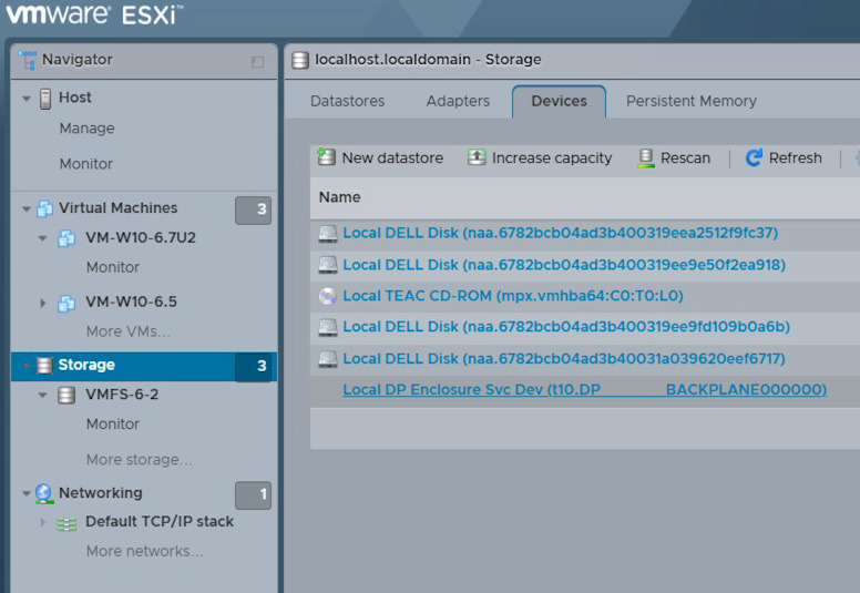 VMware ESXi: подключенные устройства хранения данных