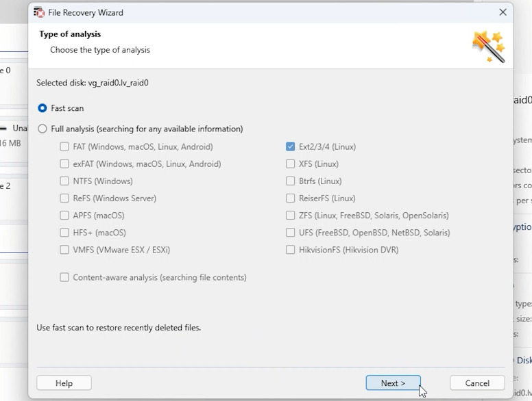 Hetman RAID Recovery: быстрое сканирование LVM RAID 0