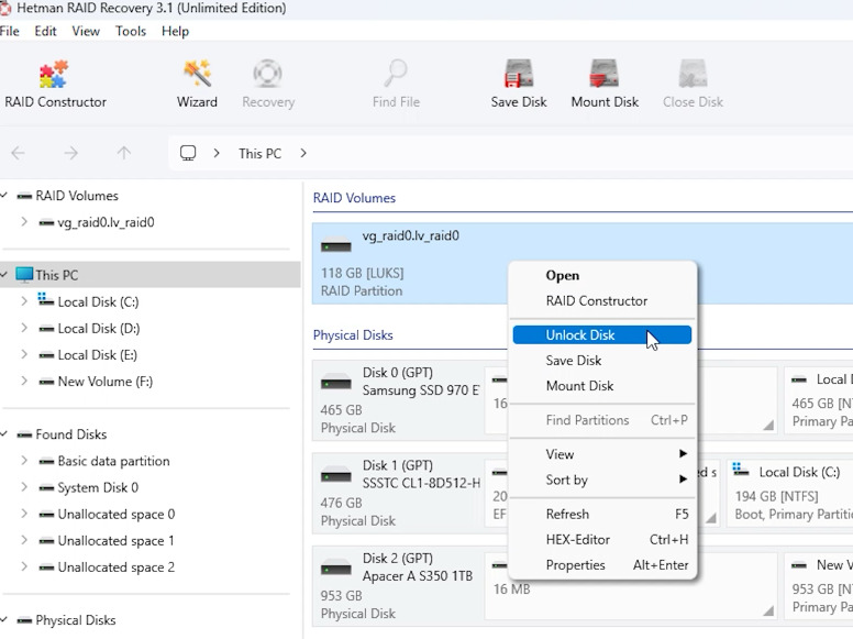 Hetman RAID Recovery: разблокировка LVM RAID 0