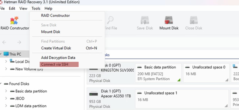 Hetman RAID Recovery: Tools - Connect via SSH