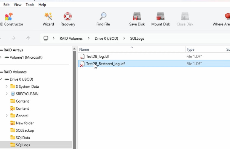 Hetman RAID Recovery: TestDB_Restored_log.ldf