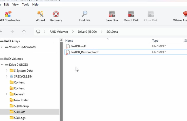 Hetman RAID Recovery: TestDB_Restored.mdf