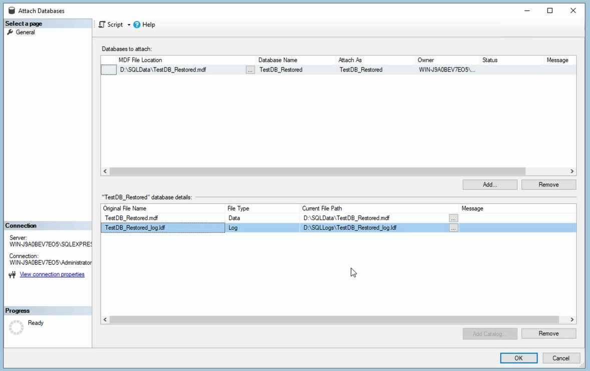 Windows Server 2022: رؤية SQL Server لملف السجل المرتبط TestDB_Restored_log.ldf