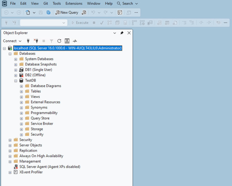 Windows Server 2022: لا يتم عرض TestDB_Restored في Microsoft SQL Server