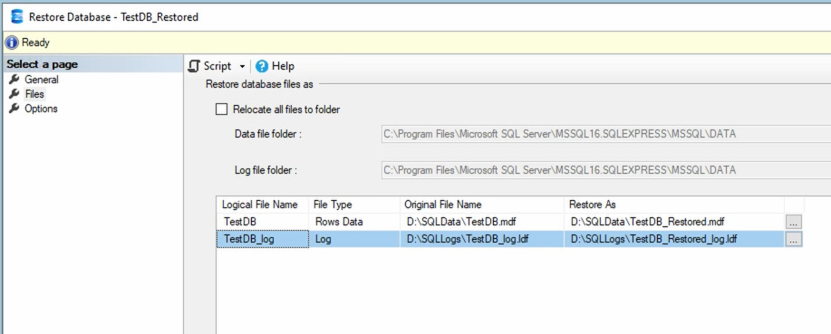 Windows Server 2022: TestDB_Restored.mdf و TestDB_Restored_log.ldf