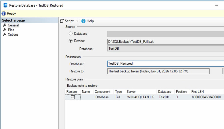 Windows Server 2022: إعادة تسمية قاعدة البيانات إلى TestDB_Restored