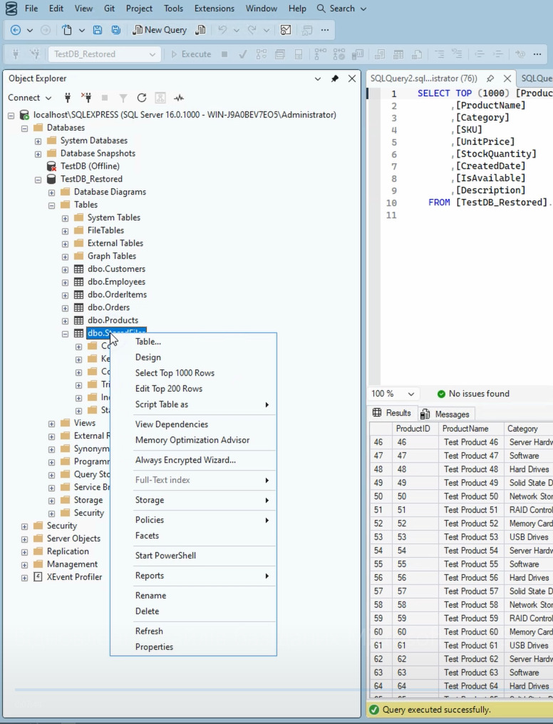 Windows Server 2022: التحقق من الجداول والسجلات في TestDB_Restored