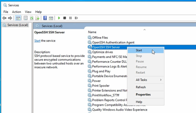 Windows Server 2022: بدء خدمة OpenSSH SSH Server