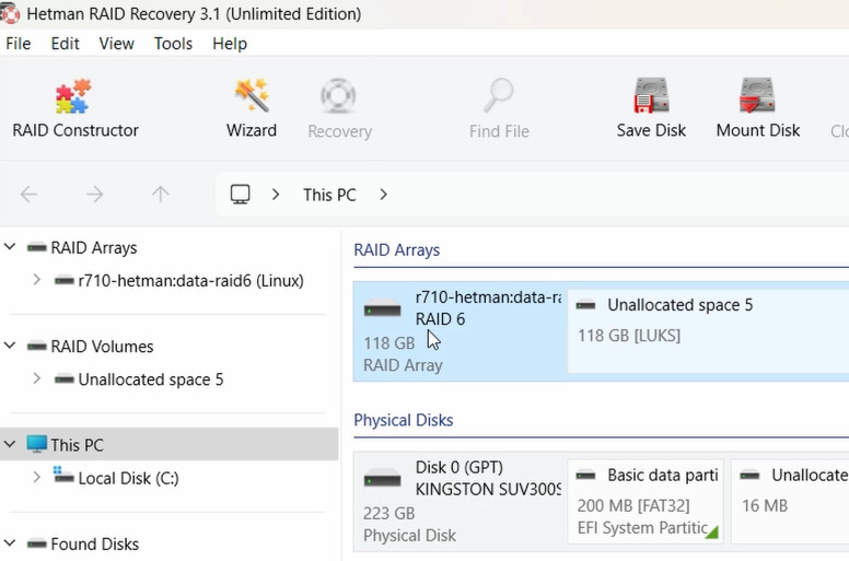 Hetman RAID Recovery: automatische Erkennung des RAID-Arrays