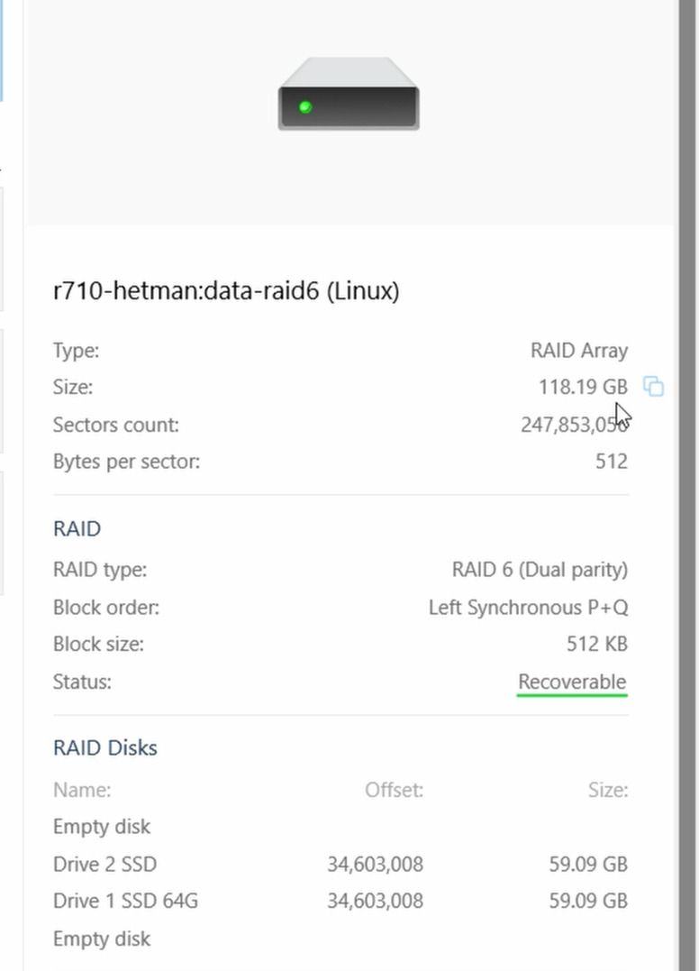 Hetman RAID Recovery: Parameter des automatisch erkannten RAID-Arrays