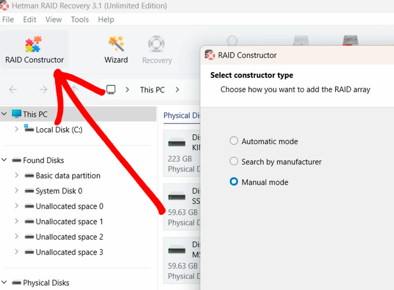 Hetman RAID Recovery: RAID Constructor - Manueller Modus