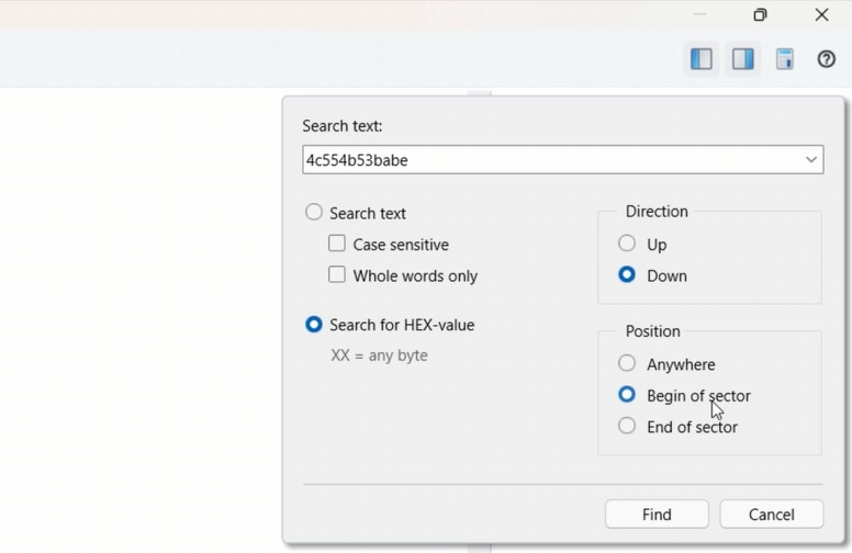 Hetman RAID Recovery: die LUKS-Signatur 4C 55 4B 53 BA BE eingeben