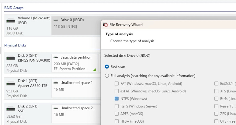 Hetman RAID Recovery: быстрый анализ Dynamic Spanned Volume