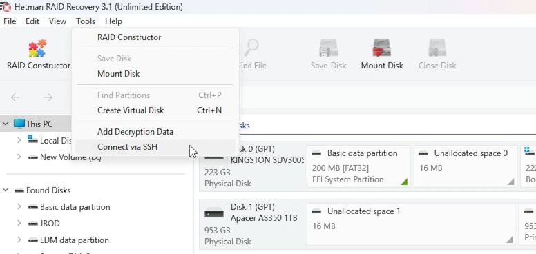 Hetman RAID Recovery: Connect via SSH