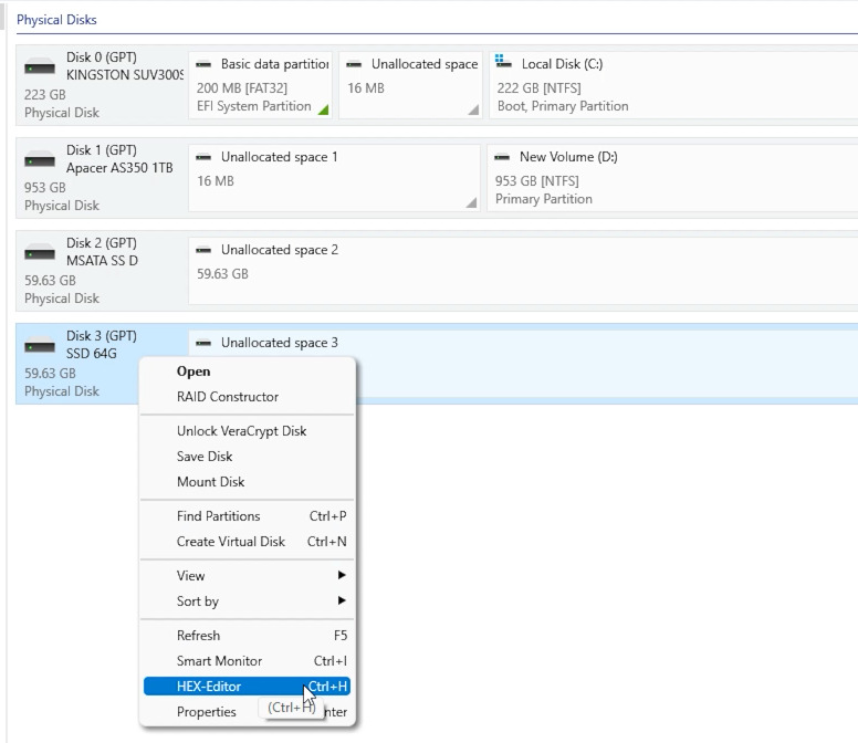 Hetman RAID Recovery: запуск HEX Editor