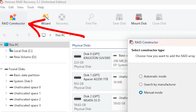 Hetman RAID Recovery: открытие RAID Constructor