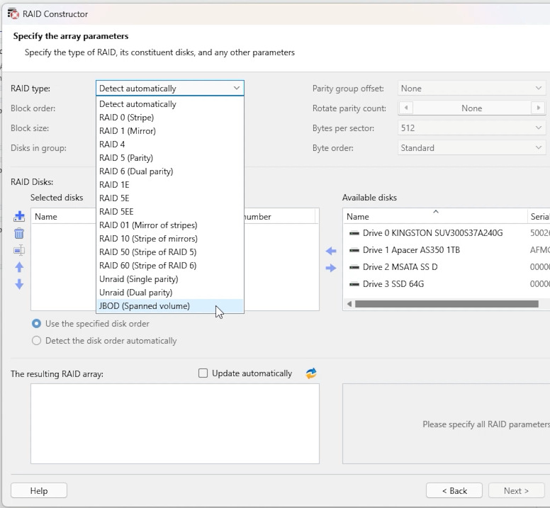 Hetman RAID Recovery: указание типа массива JBOD (Spanned volume)