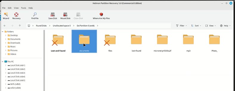 Hetman Partition Recovery: втрачені папки диска sdb