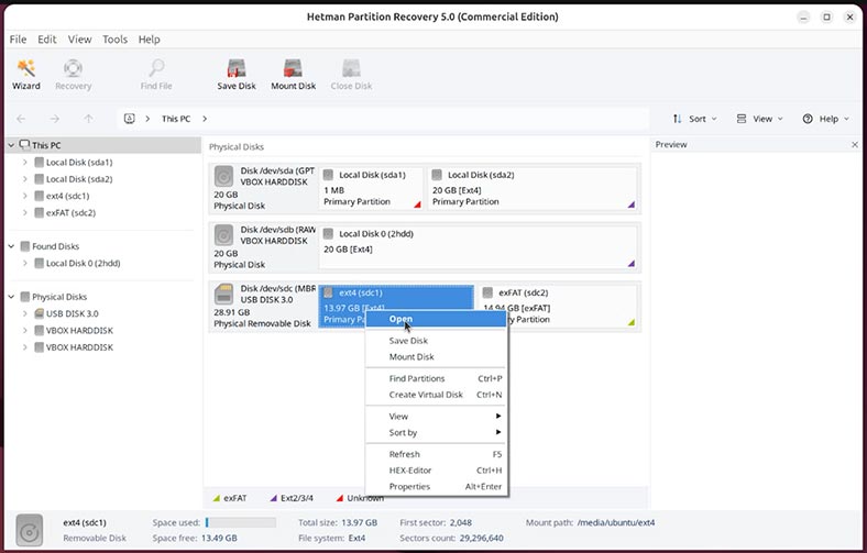 Hetman Partition Recovery: відкрити диск /dev/sdc1