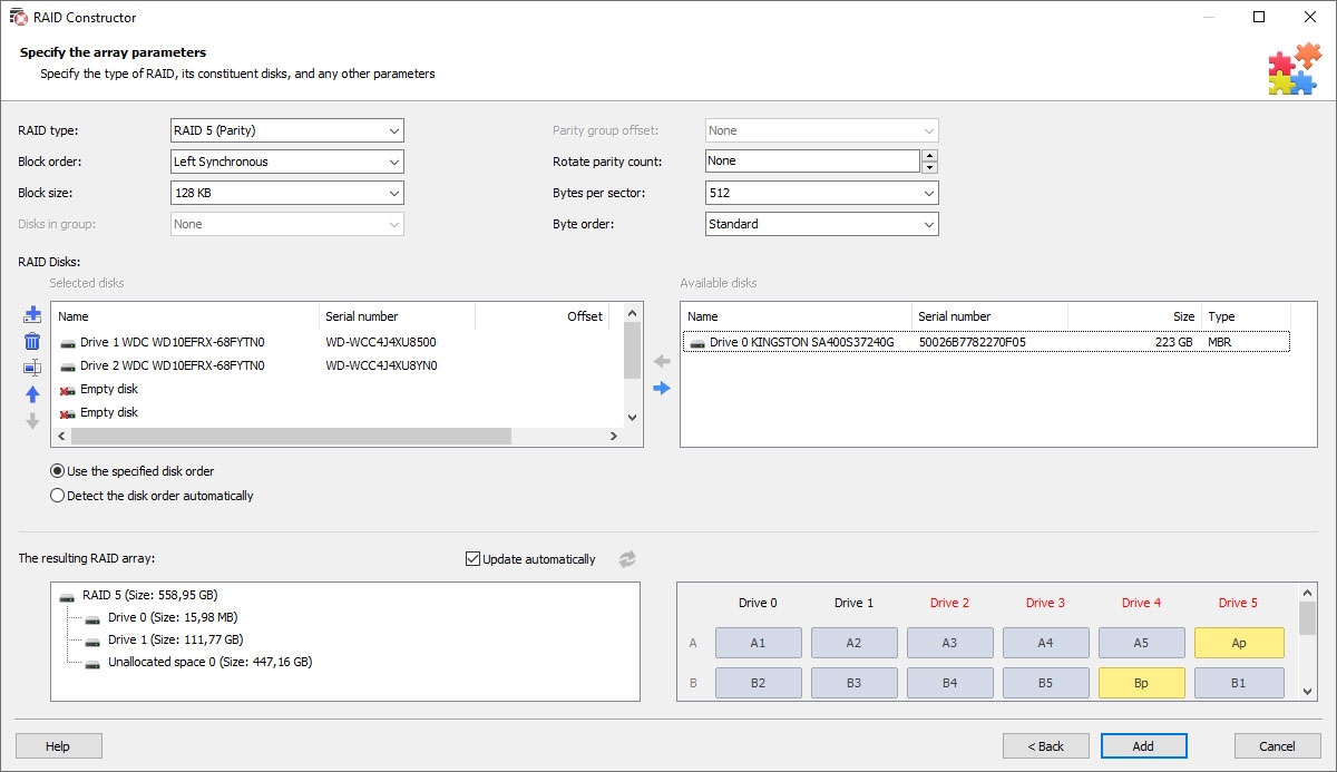 Building an array in the manual mode with automatic selectin of settings 