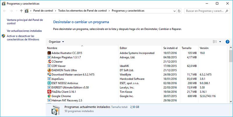 Programs and Features Windows 10